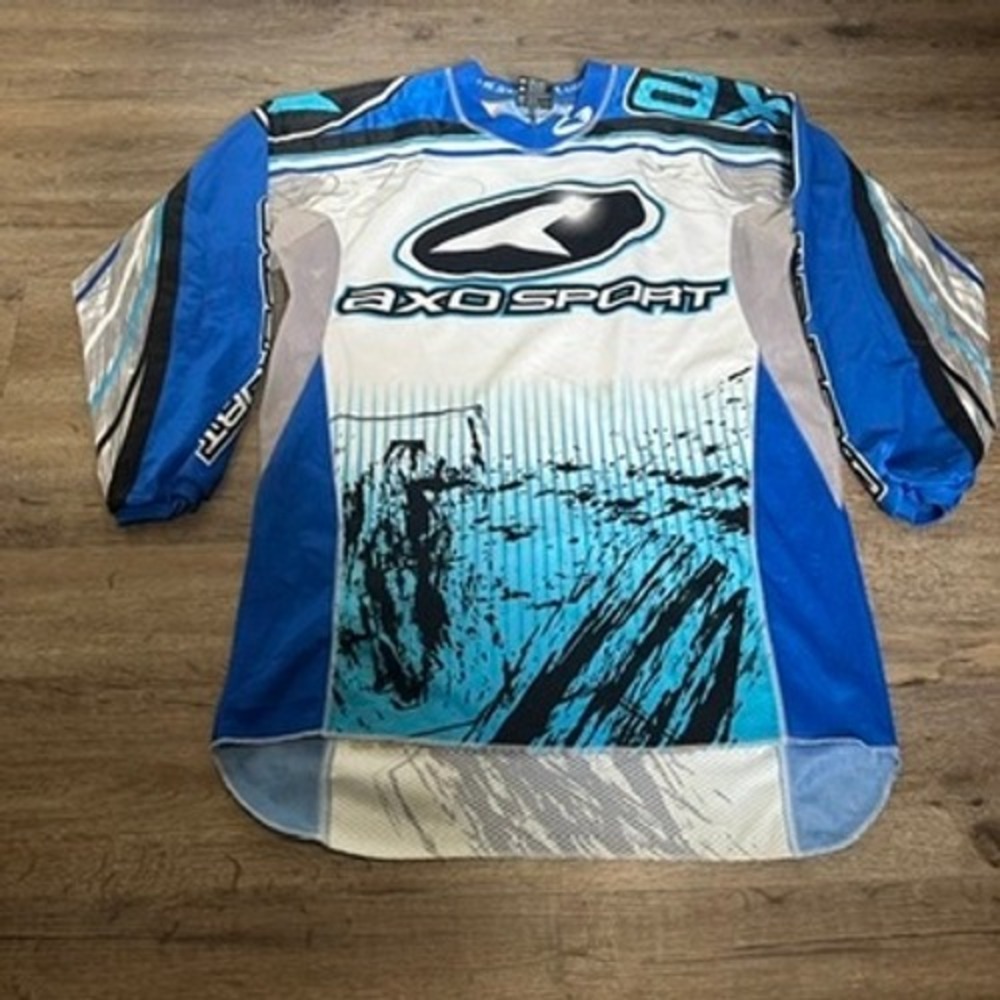 Axo Sport Motocross Jersey Mens Medium Blue White Black Long Sleeve Racing Top